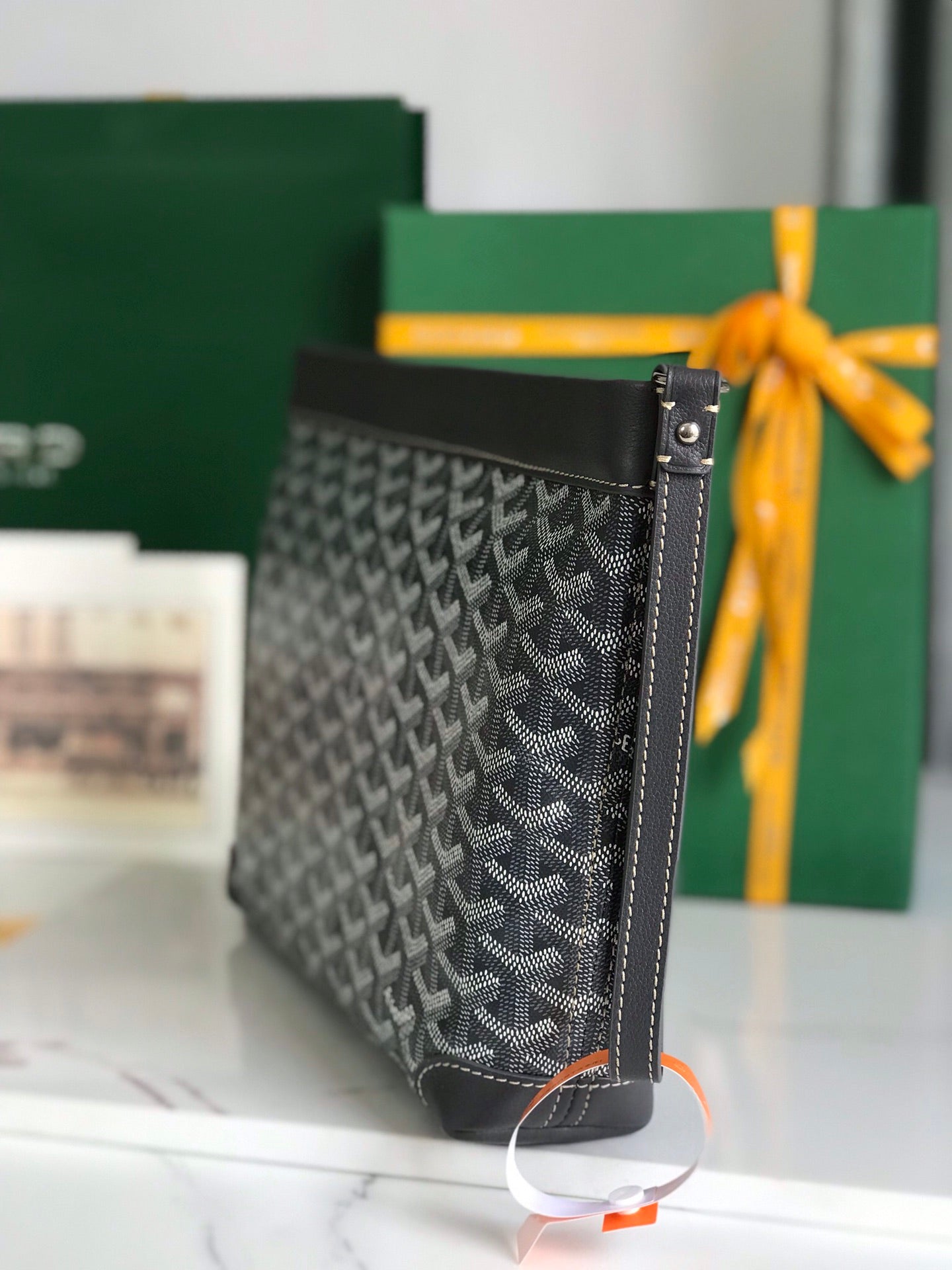 GOYARD CONTI POUCH 24 IN GREY BLACK LAMBSKIN AND GOYARDINE CANVAS