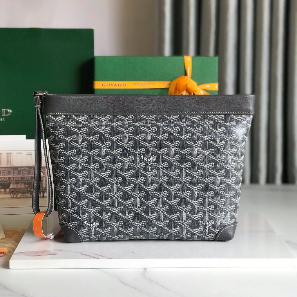 GOYARD CONTI POUCH 24 IN GREY BLACK LAMBSKIN AND GOYARDINE CANVAS