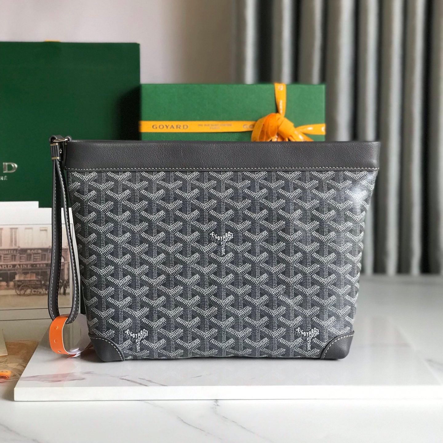 GOYARD CONTI POUCH 24 IN GREY BLACK LAMBSKIN AND GOYARDINE CANVAS