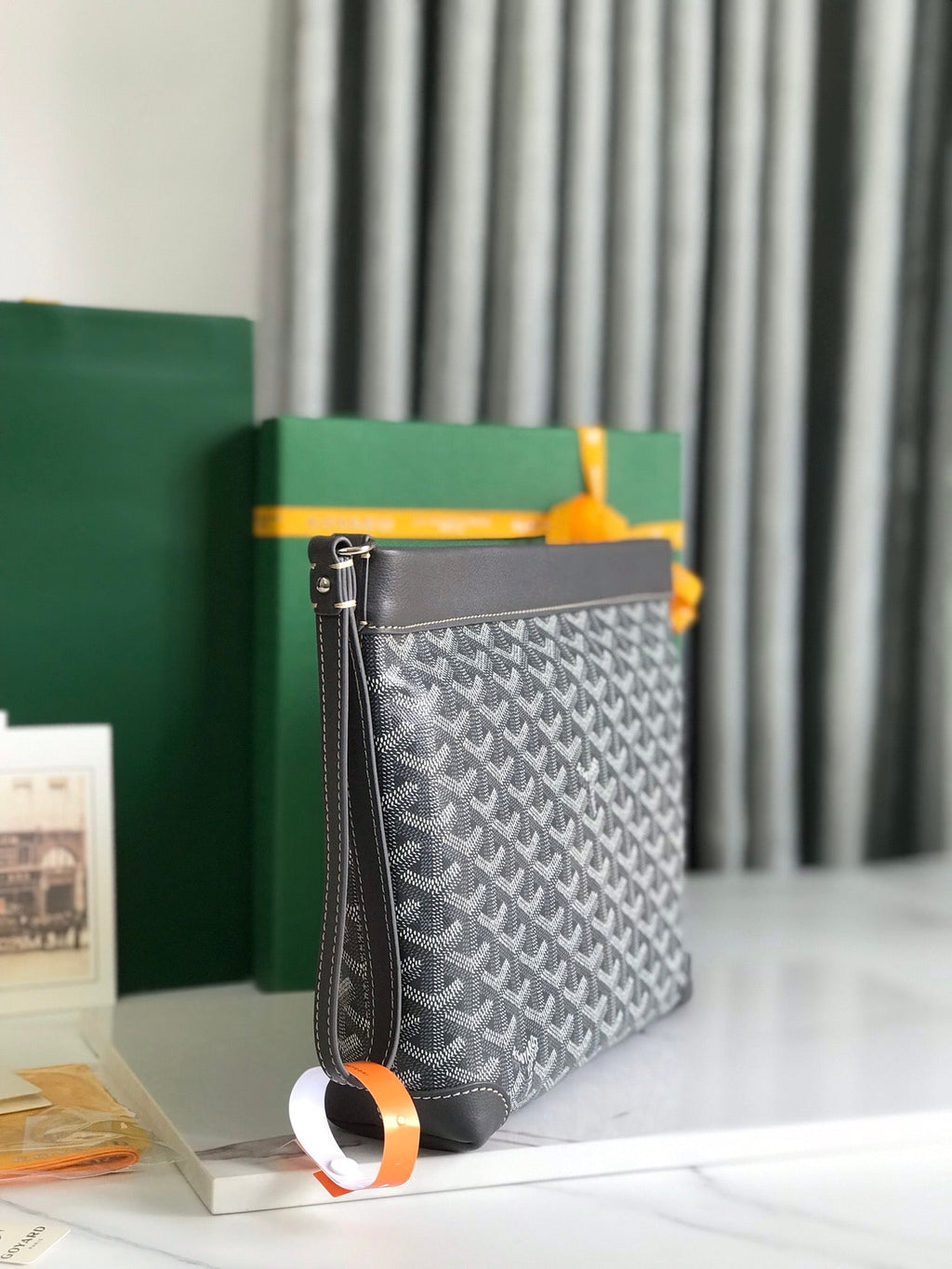 GOYARD CONTI POUCH 24 IN GREY BLACK LAMBSKIN AND GOYARDINE CANVAS
