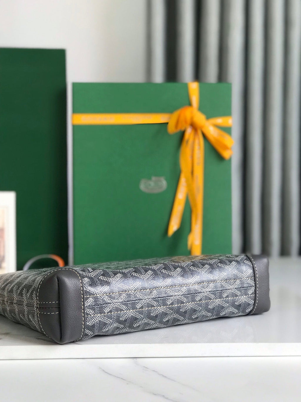 GOYARD CONTI POUCH 24 IN GREY BLACK LAMBSKIN AND GOYARDINE CANVAS