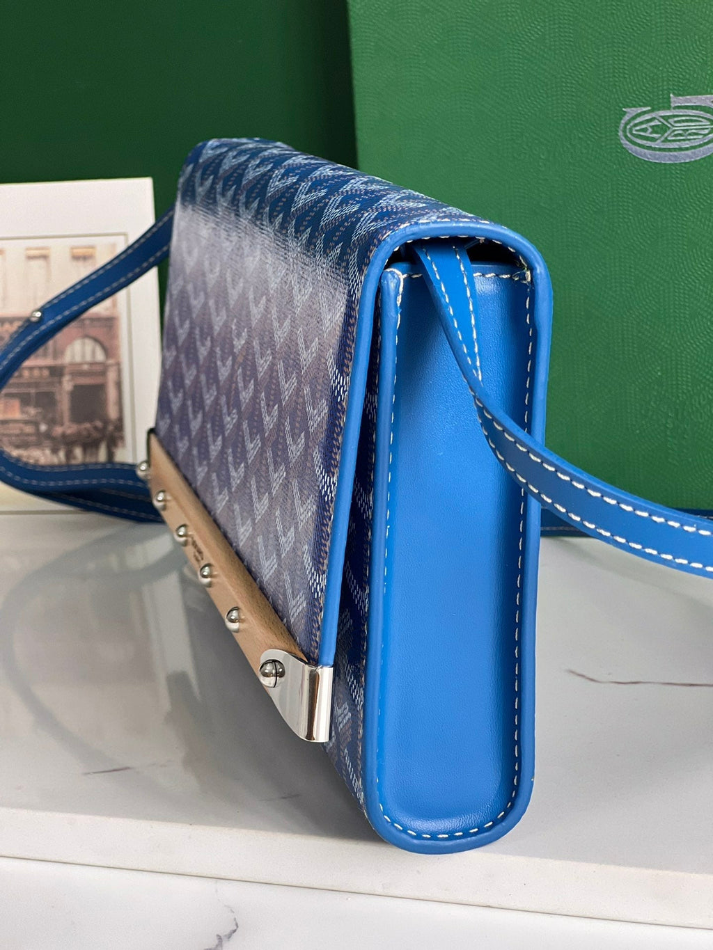 GOYARD MONTE-CARLO PM CLUTCH 25 IN SAPPHIRE BLUE GOYARDINE CANVAS