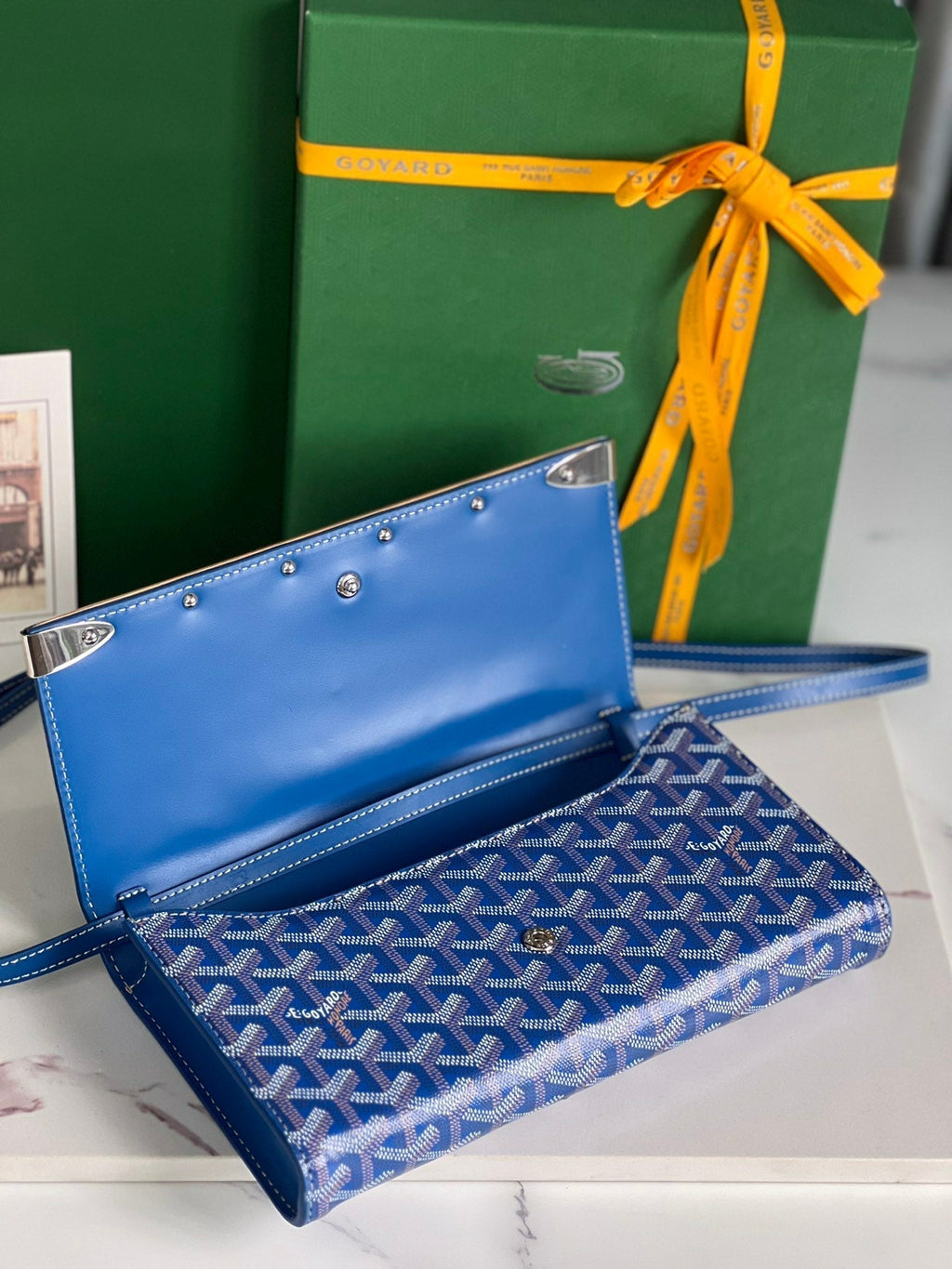 GOYARD MONTE-CARLO PM CLUTCH 25 IN SAPPHIRE BLUE GOYARDINE CANVAS