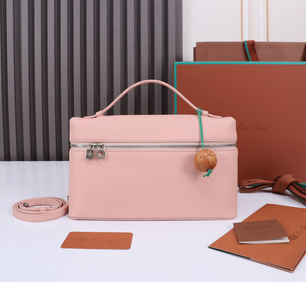 LORO PIANA EXTRA BAG L27 IN BLUSH PINK GRAINED CALFSKIN WITH SILVER  HARDWARE