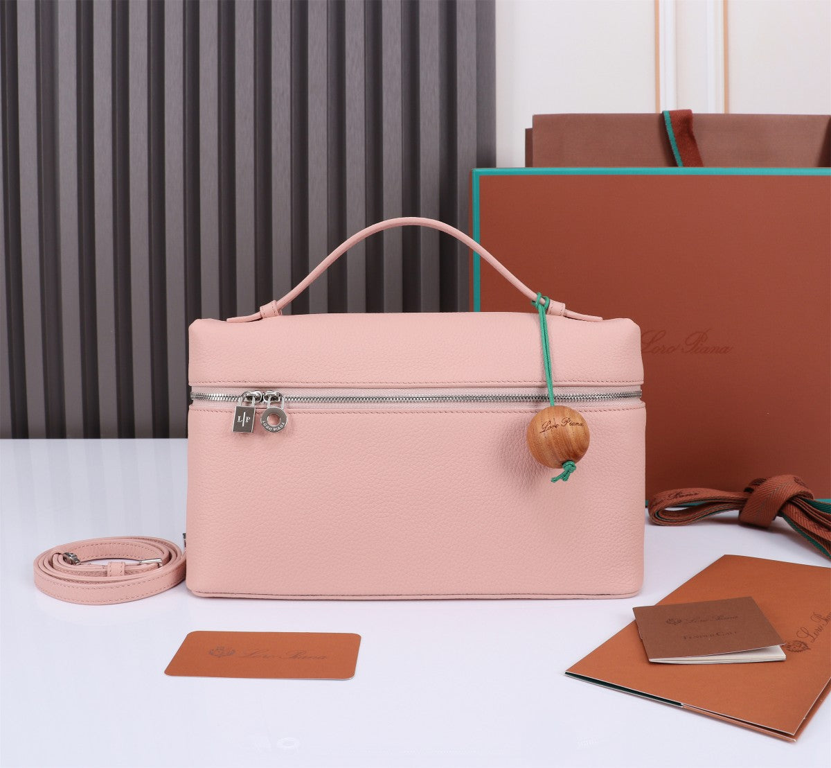 LORO PIANA EXTRA BAG L27 IN BLUSH PINK GRAINED CALFSKIN WITH SILVER  HARDWARE