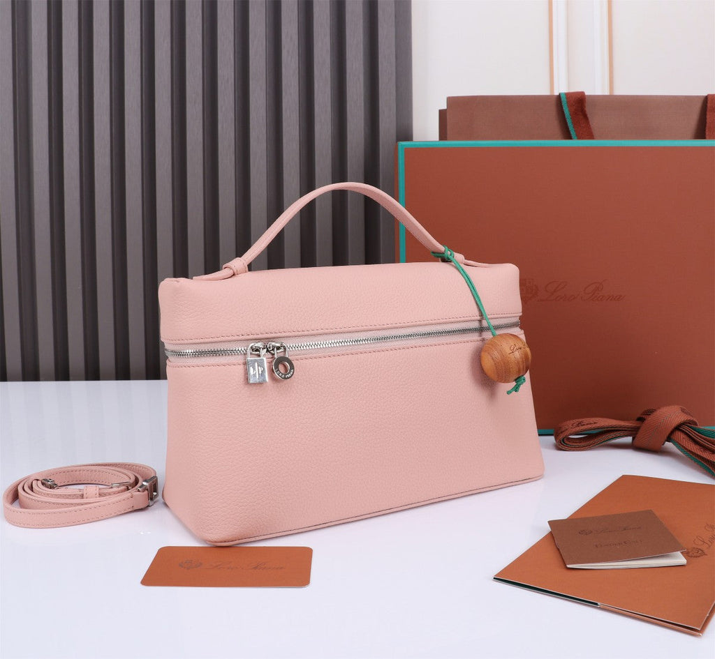 LORO PIANA EXTRA BAG L27 IN BLUSH PINK GRAINED CALFSKIN WITH SILVER  HARDWARE