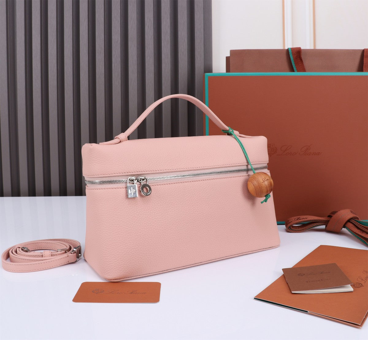 LORO PIANA EXTRA BAG L27 IN BLUSH PINK GRAINED CALFSKIN WITH SILVER  HARDWARE