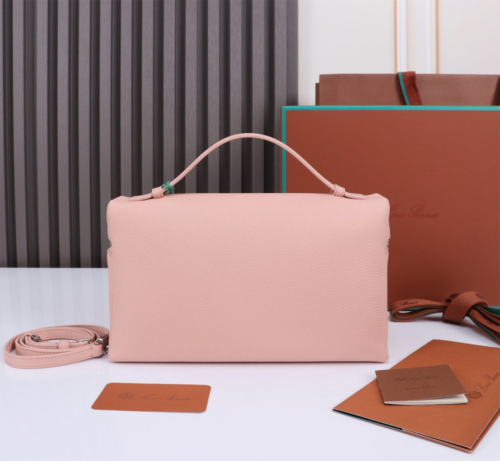 LORO PIANA EXTRA BAG L27 IN BLUSH PINK GRAINED CALFSKIN WITH SILVER  HARDWARE