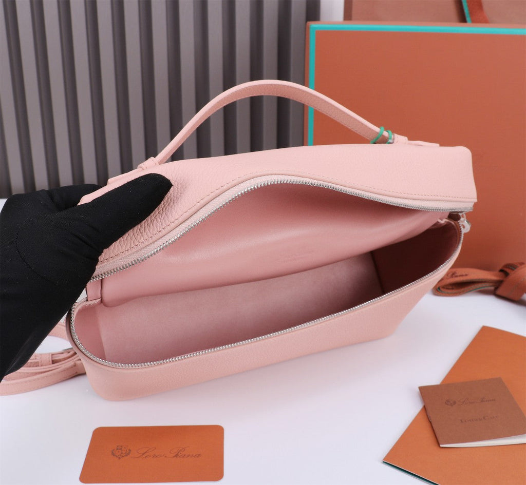 LORO PIANA EXTRA BAG L27 IN BLUSH PINK GRAINED CALFSKIN WITH SILVER  HARDWARE
