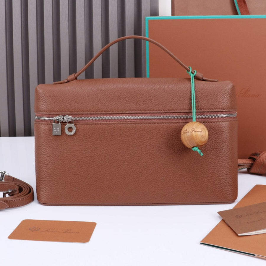 LORO PIANA EXTRA BAG L27 IN UMBER BROWN GRAINED CALFSKIN WITH SILVER  HARDWARE