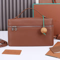 LORO PIANA EXTRA BAG L27 IN UMBER BROWN GRAINED CALFSKIN WITH SILVER  HARDWARE