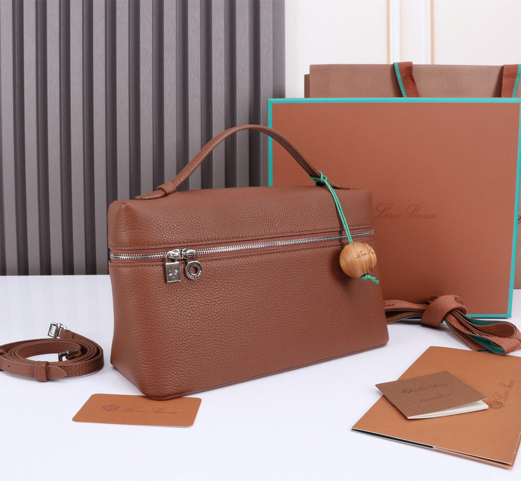LORO PIANA EXTRA BAG L27 IN UMBER BROWN GRAINED CALFSKIN WITH SILVER  HARDWARE