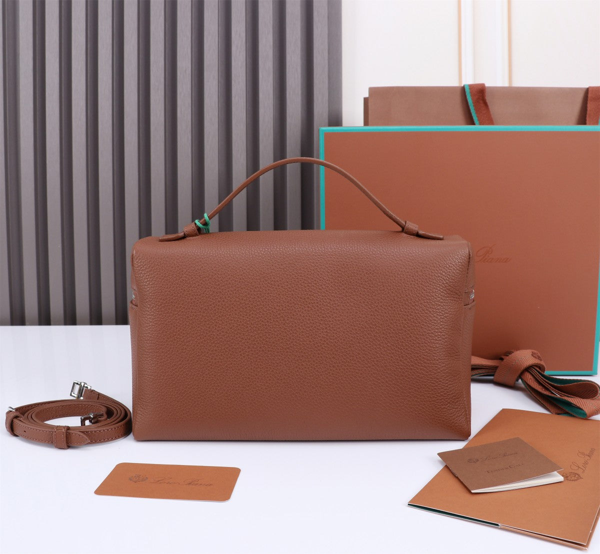 LORO PIANA EXTRA BAG L27 IN UMBER BROWN GRAINED CALFSKIN WITH SILVER  HARDWARE