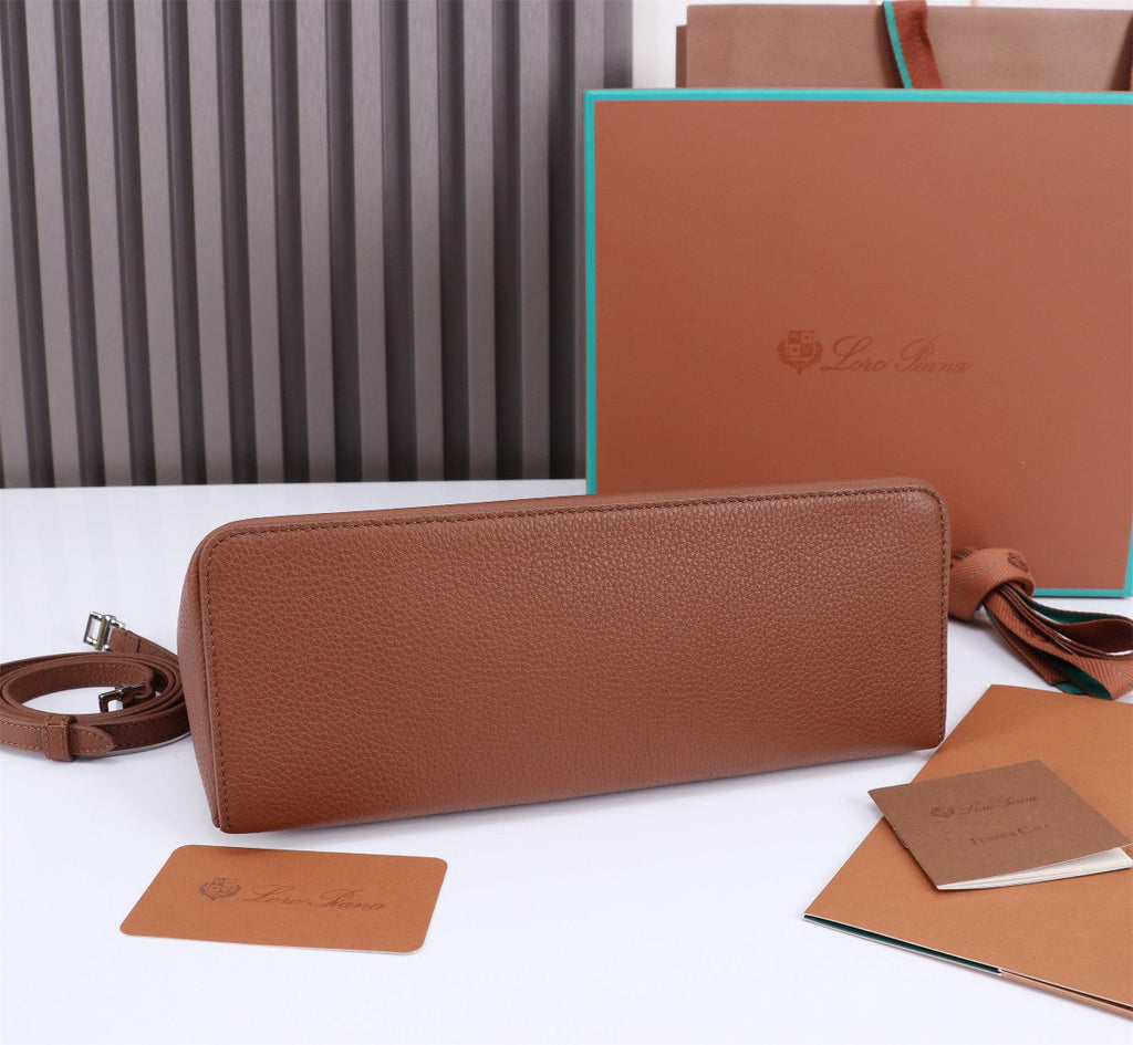 LORO PIANA EXTRA BAG L27 IN UMBER BROWN GRAINED CALFSKIN WITH SILVER  HARDWARE