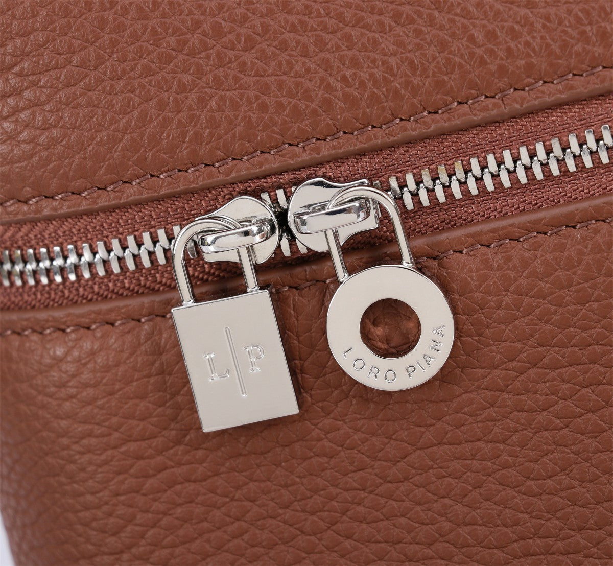 LORO PIANA EXTRA BAG L27 IN UMBER BROWN GRAINED CALFSKIN WITH SILVER  HARDWARE