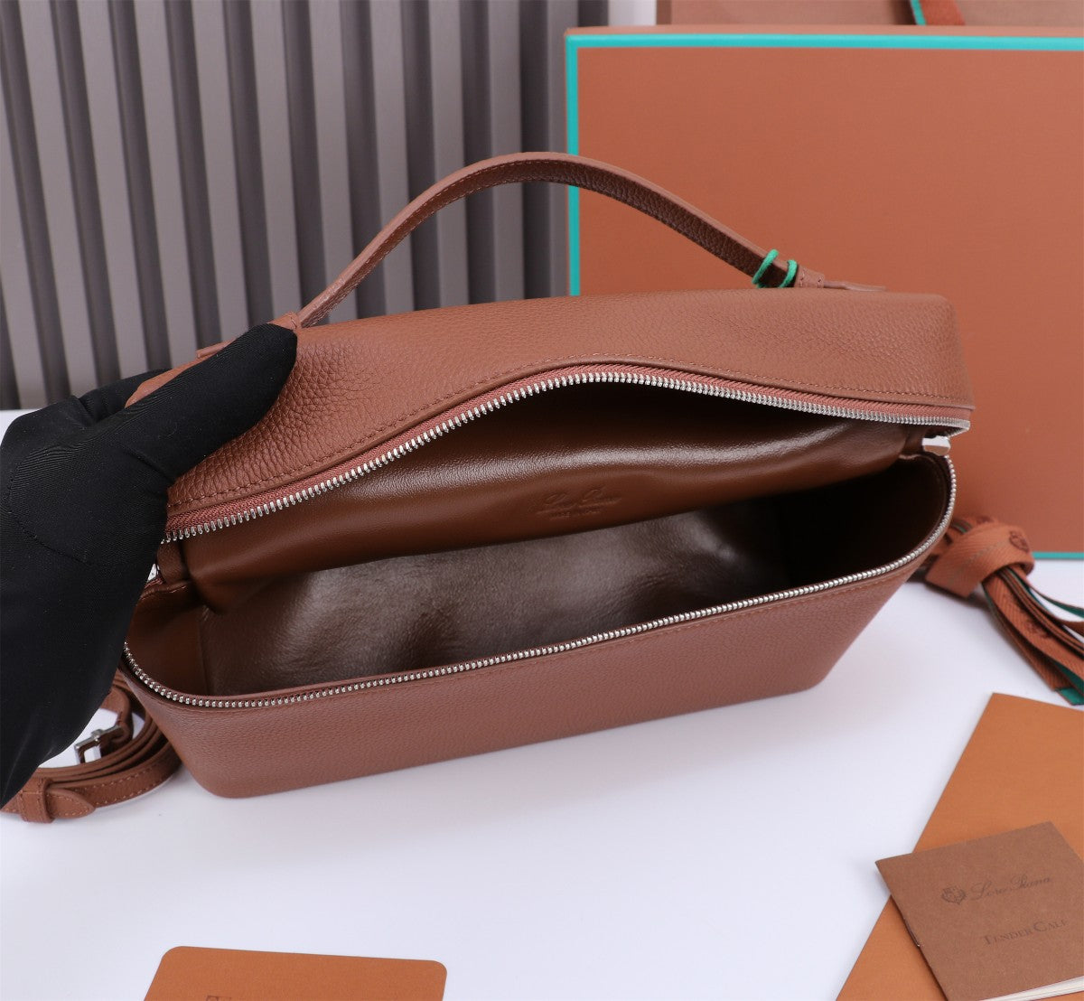 LORO PIANA EXTRA BAG L27 IN UMBER BROWN GRAINED CALFSKIN WITH SILVER  HARDWARE