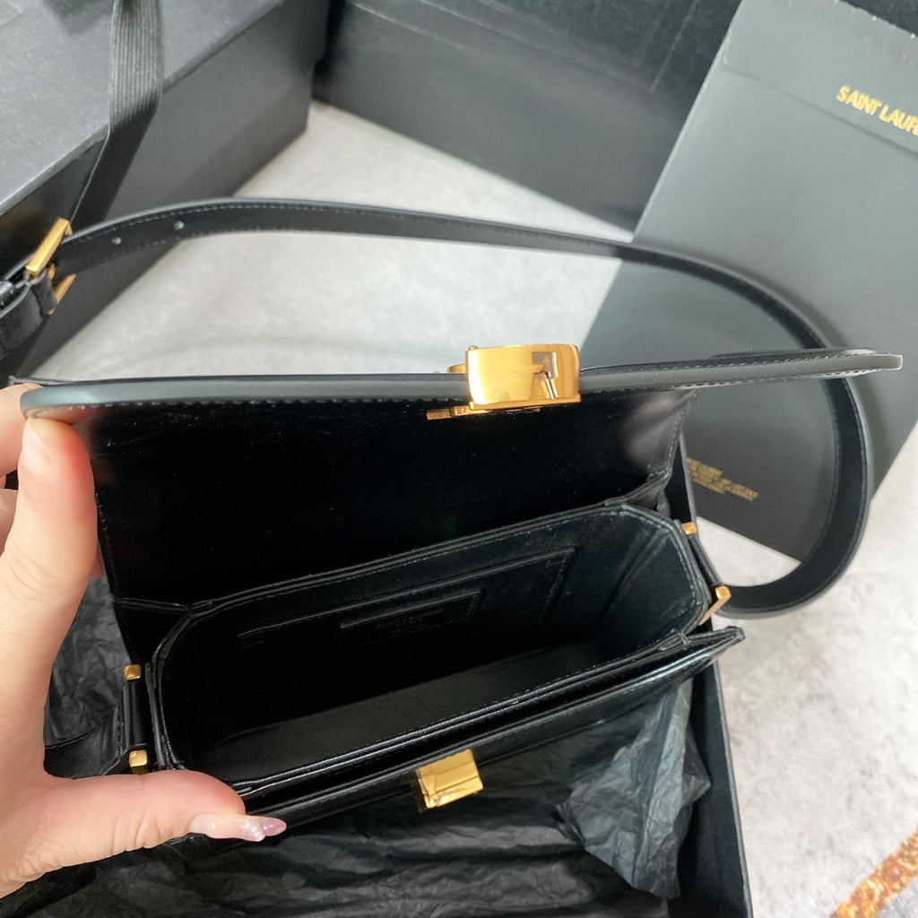 SAINT LAURENT SOLFERINO SMALL SATCHEL 19 IN BLACK CALFSKIN GOLD LOGO