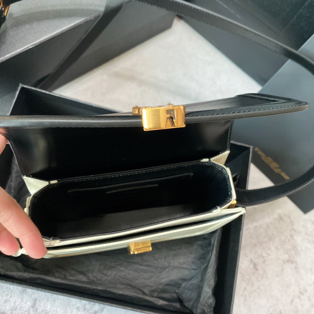 SAINT LAURENT SOLFERINO SMALL SATCHEL 19 IN BLACK MIX WHITE CALFSKIN GOLD LOGO