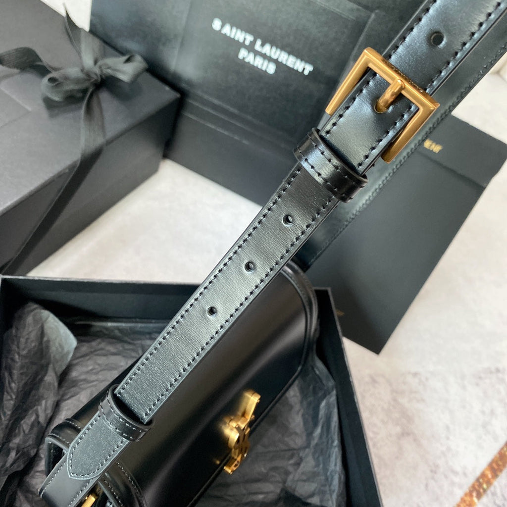 SAINT LAURENT SOLFERINO SMALL SATCHEL 19 IN BLACK MIX WHITE CALFSKIN GOLD LOGO
