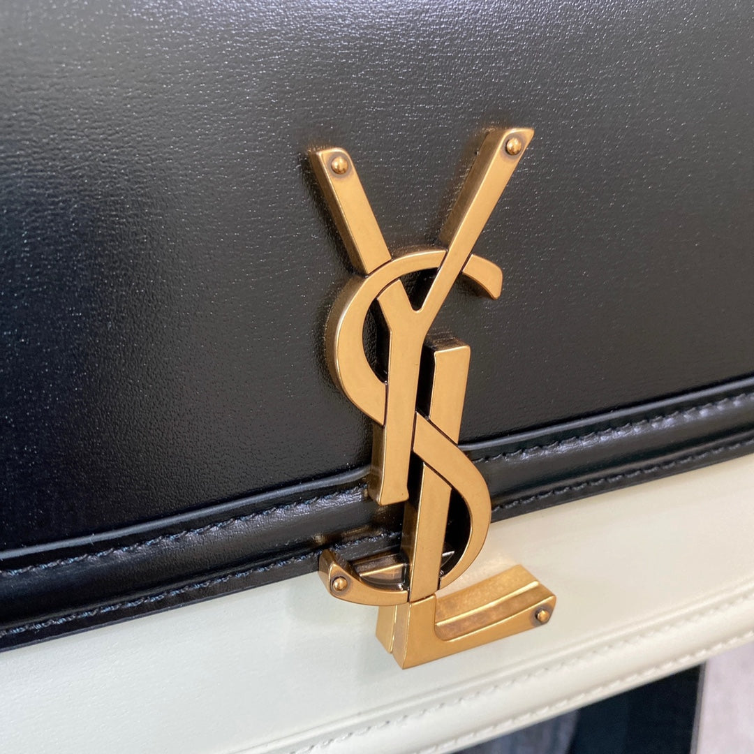 SAINT LAURENT SOLFERINO SMALL SATCHEL 19 IN BLACK MIX WHITE CALFSKIN GOLD LOGO