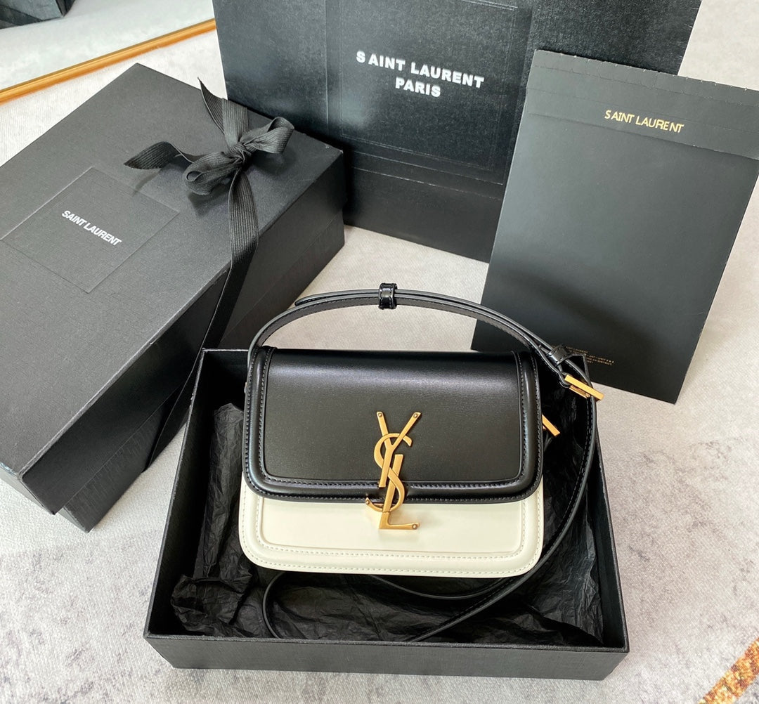 SAINT LAURENT SOLFERINO SMALL SATCHEL 19 IN BLACK MIX WHITE CALFSKIN GOLD LOGO