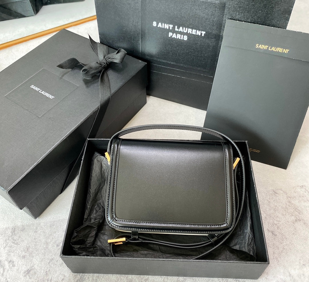 SAINT LAURENT SOLFERINO SMALL SATCHEL 19 IN BLACK MIX WHITE CALFSKIN GOLD LOGO