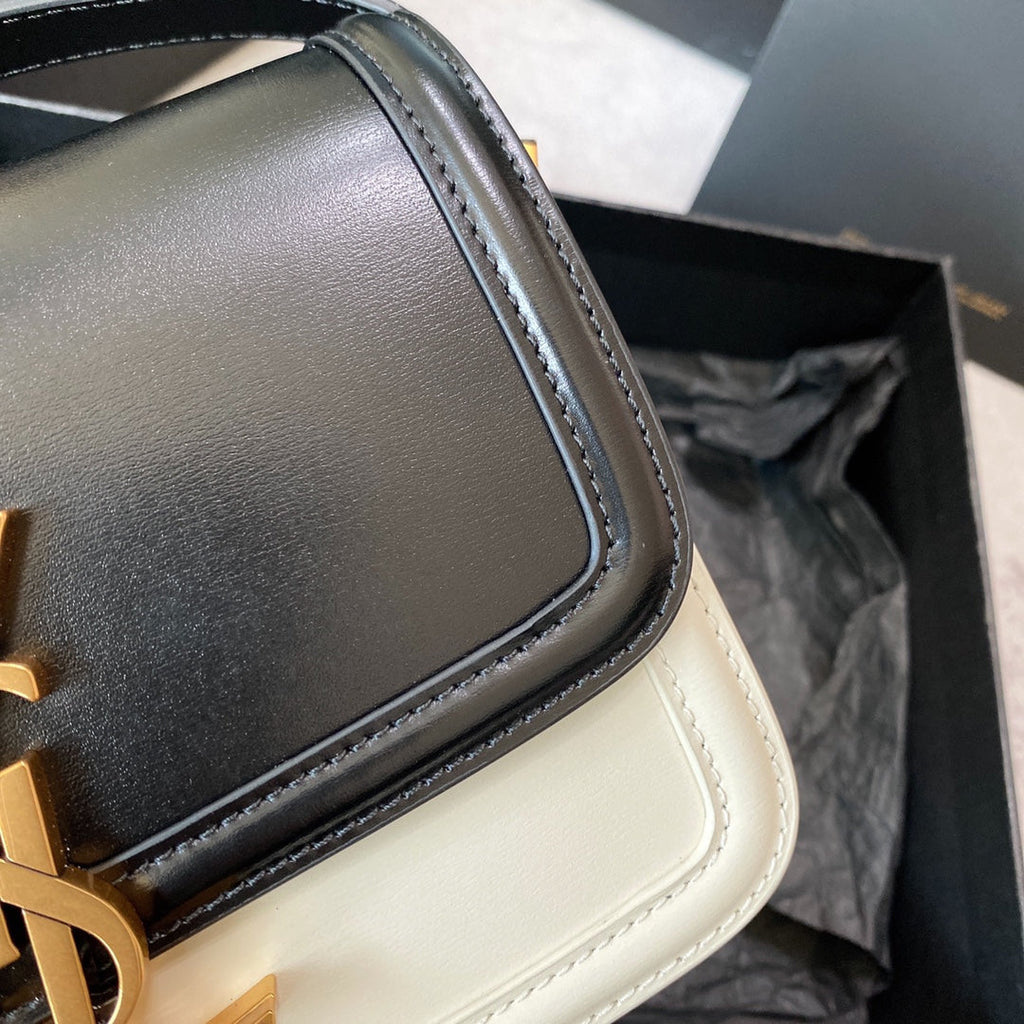 SAINT LAURENT SOLFERINO SMALL SATCHEL 19 IN BLACK MIX WHITE CALFSKIN GOLD LOGO