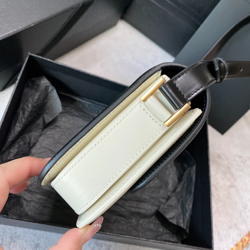 SAINT LAURENT SOLFERINO SMALL SATCHEL 19 IN BLACK MIX WHITE CALFSKIN GOLD LOGO