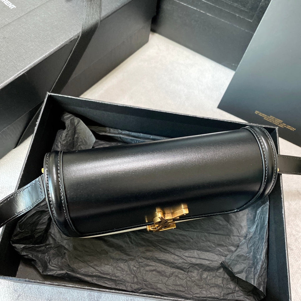SAINT LAURENT SOLFERINO SMALL SATCHEL 19 IN BLACK MIX WHITE CALFSKIN GOLD LOGO