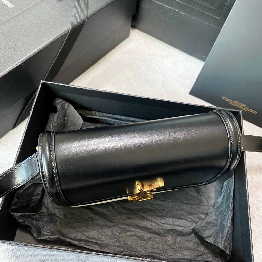 SAINT LAURENT SOLFERINO SMALL SATCHEL 19 IN BLACK MIX WHITE CALFSKIN GOLD LOGO