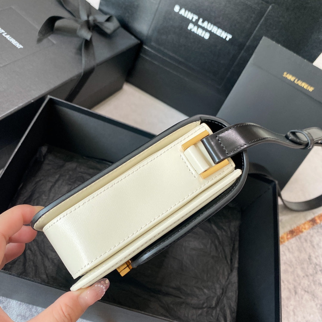 SAINT LAURENT SOLFERINO MEDIUM SATCHEL 23 IN BLACK MIX WHITE CALFSKIN GOLD LOGO