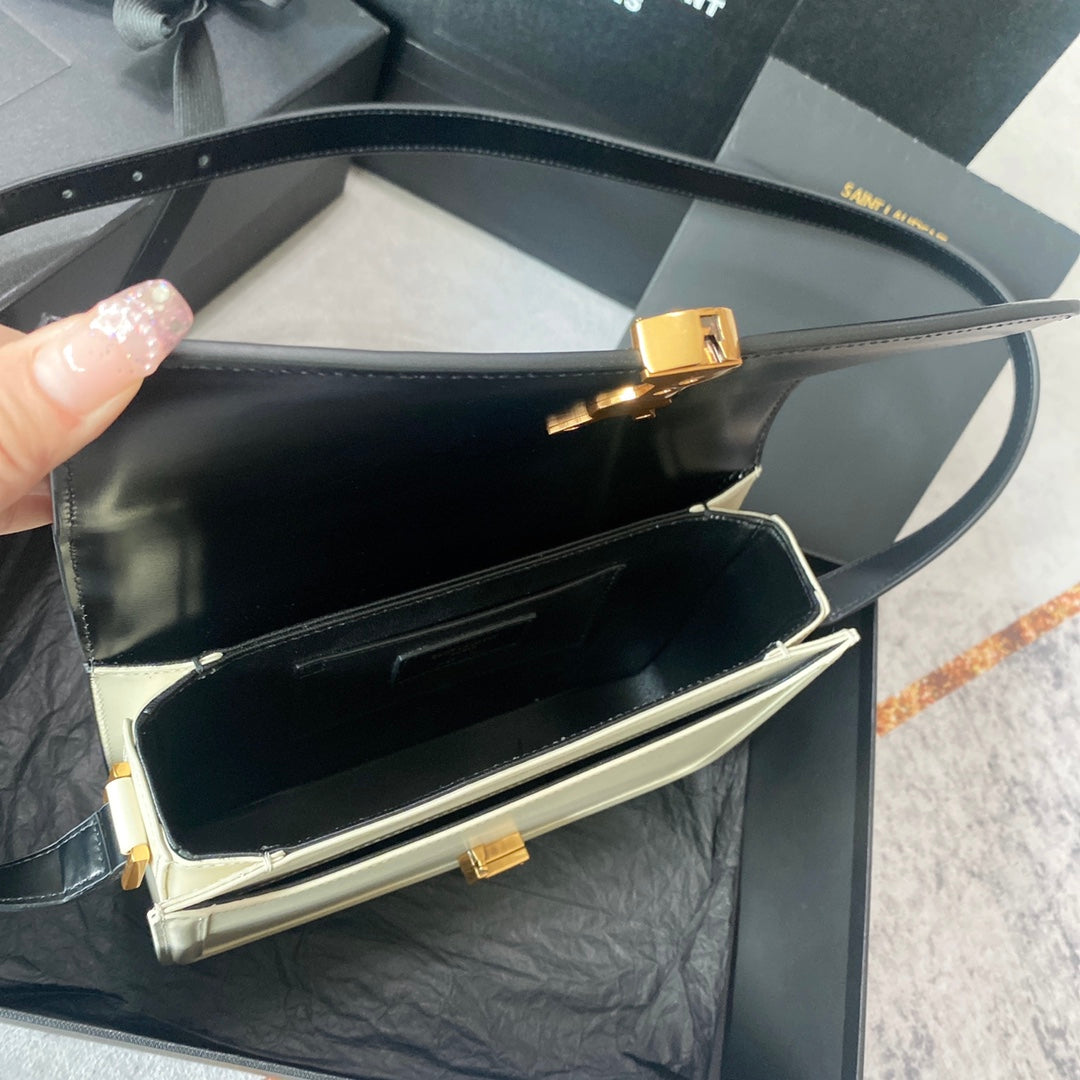 SAINT LAURENT SOLFERINO MEDIUM SATCHEL 23 IN BLACK MIX WHITE CALFSKIN GOLD LOGO