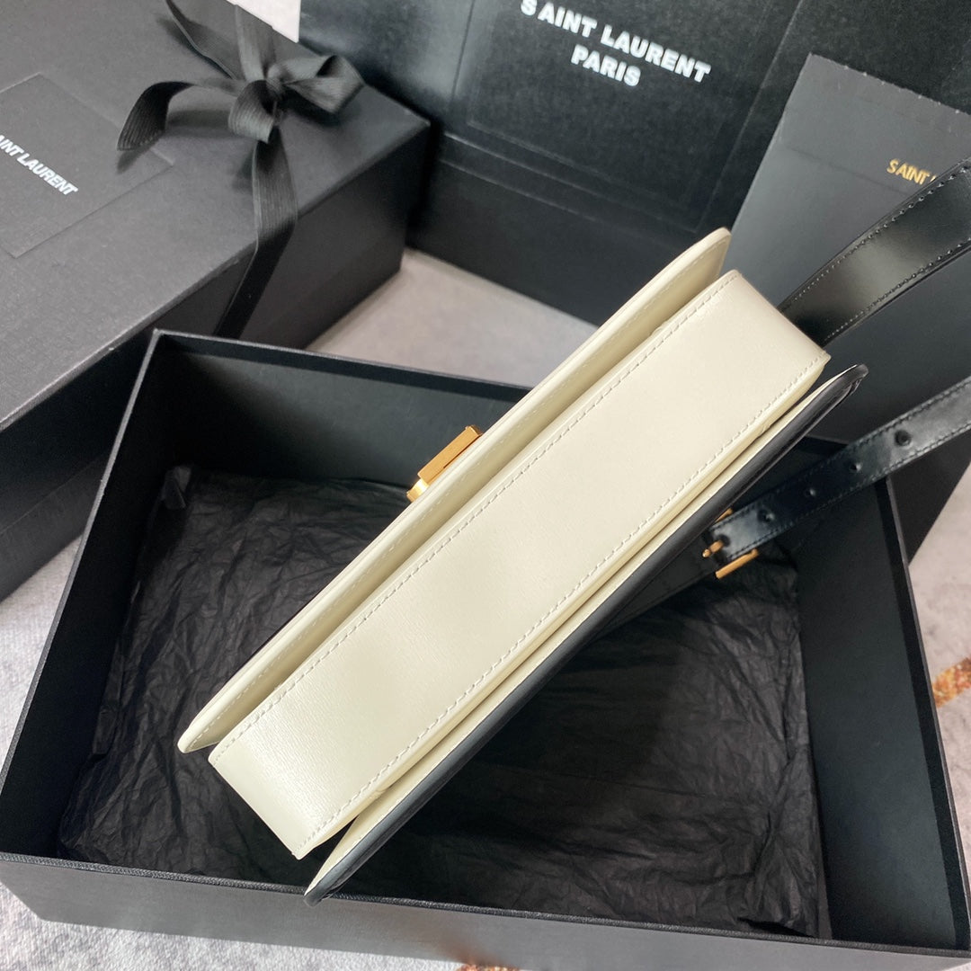 SAINT LAURENT SOLFERINO MEDIUM SATCHEL 23 IN BLACK MIX WHITE CALFSKIN GOLD LOGO