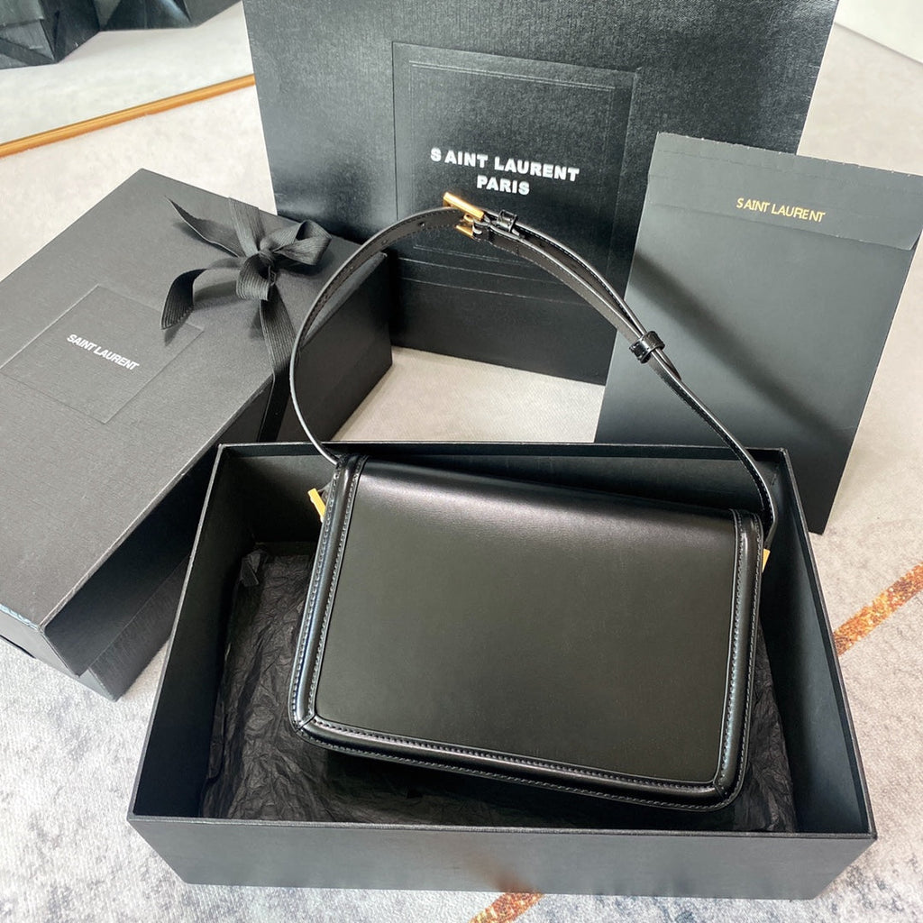 SAINT LAURENT SOLFERINO MEDIUM SATCHEL 23 IN BLACK MIX WHITE CALFSKIN GOLD LOGO