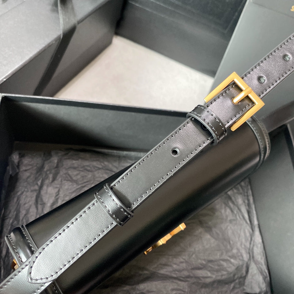 SAINT LAURENT SOLFERINO MEDIUM SATCHEL 23 IN BLACK MIX WHITE CALFSKIN GOLD LOGO