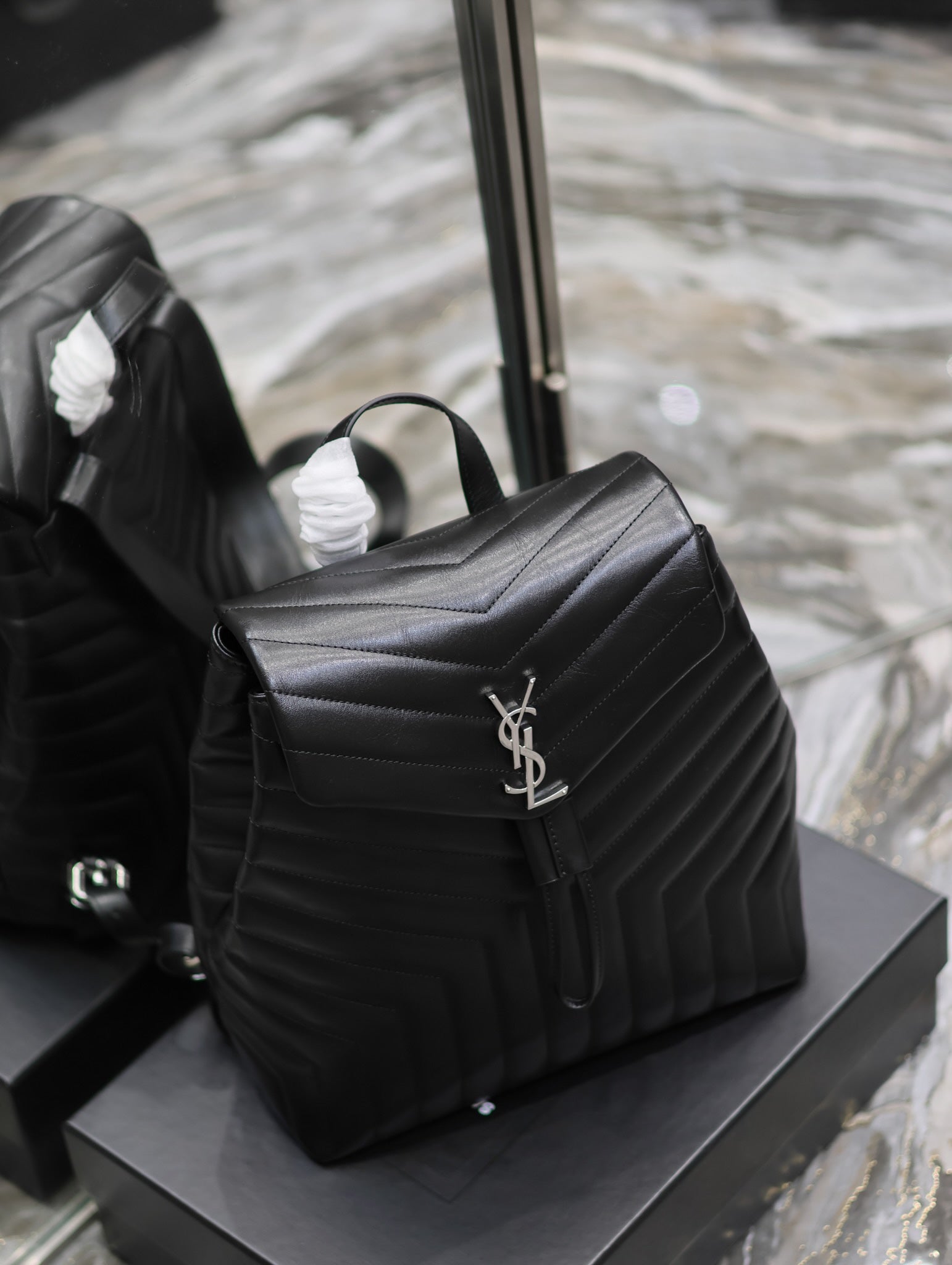 SAINT LAURENT LOU BACKPACK 33 IN BLACK QUILTED CALFSKIN SILVER HARDWARE