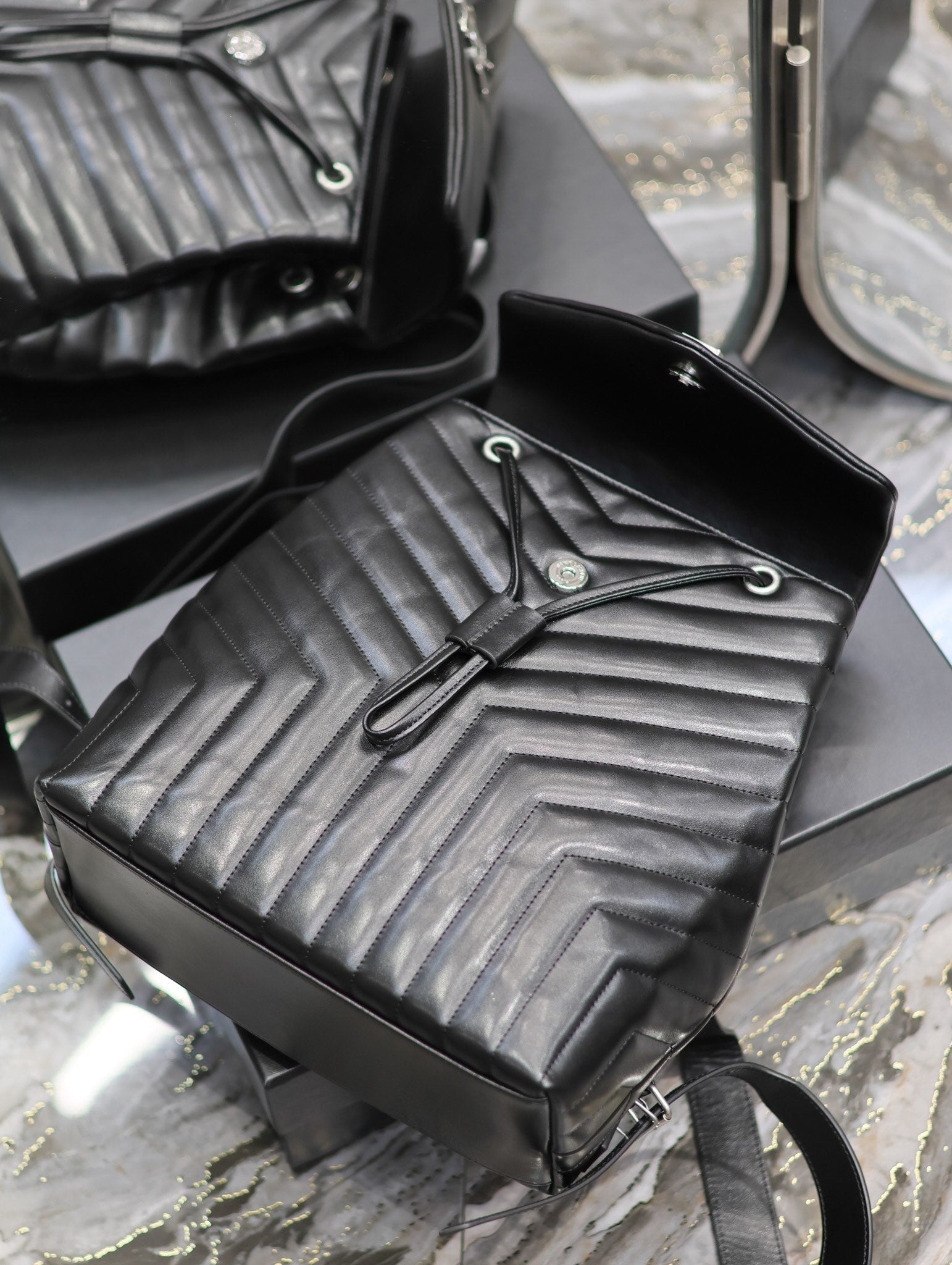 SAINT LAURENT LOU BACKPACK 33 IN BLACK QUILTED CALFSKIN SILVER HARDWARE