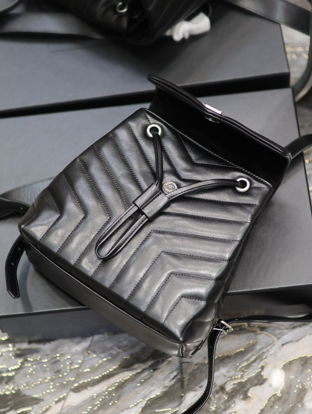 SAINT LAURENT LOU BACKPACK 26 IN BLACK QUILTED CALFSKIN SILVER HARDWARE