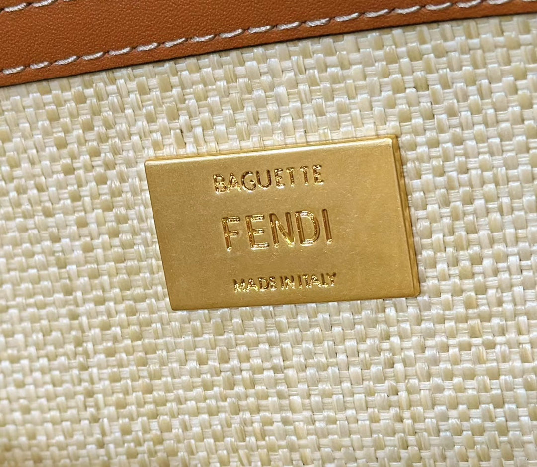 FENDI Fend Baguette Tan Beige Canvas Bag 27 with FF Embroidery Ghw