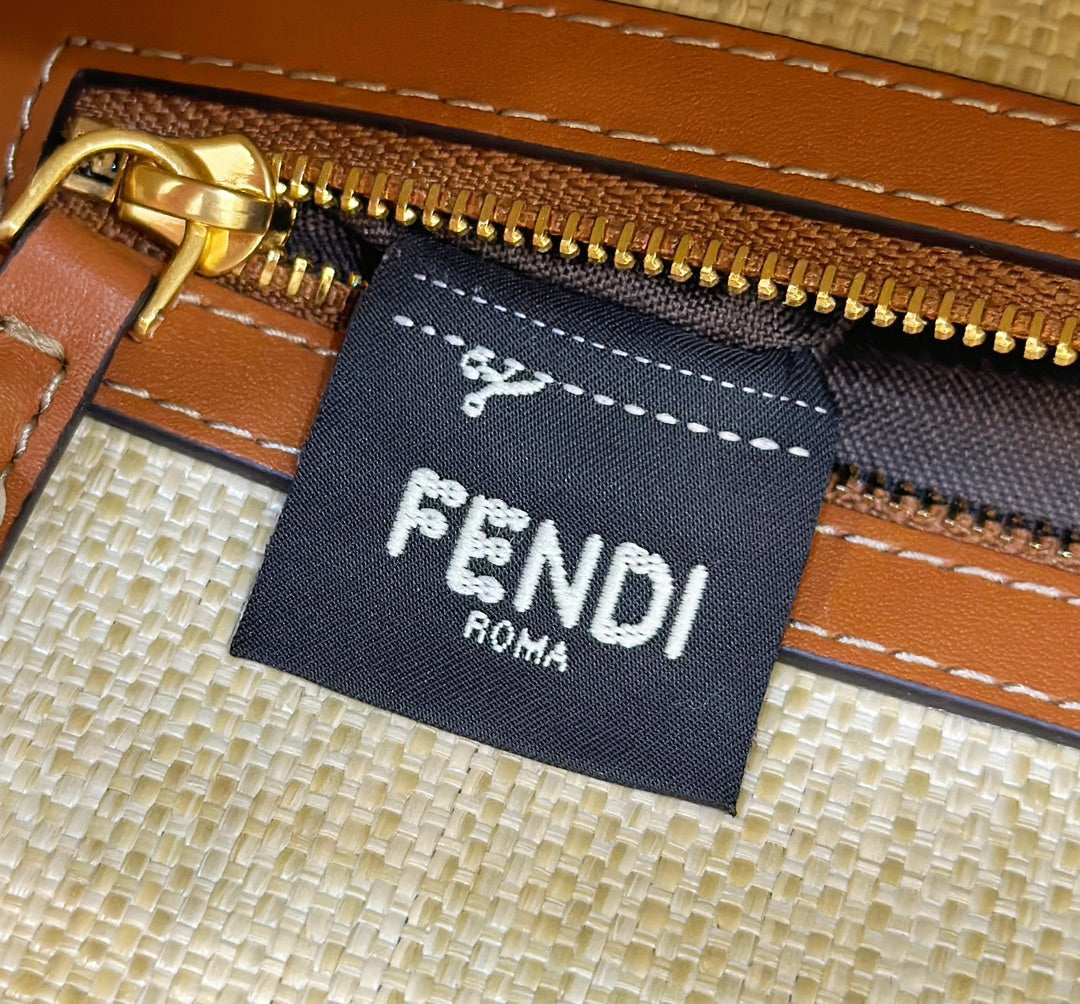 FENDI Fend Baguette Tan Beige Canvas Bag 27 with FF Embroidery Ghw