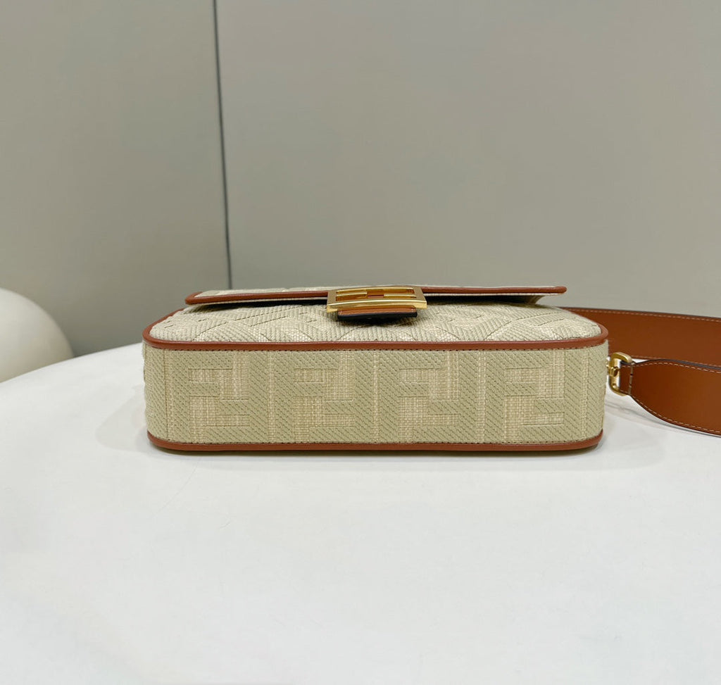 FENDI Fend Baguette Tan Beige Canvas Bag 27 with FF Embroidery Ghw