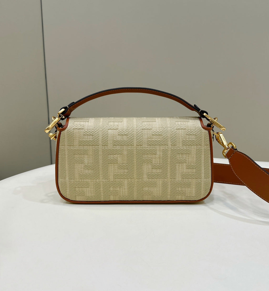 FENDI Fend Baguette Tan Beige Canvas Bag 27 with FF Embroidery Ghw