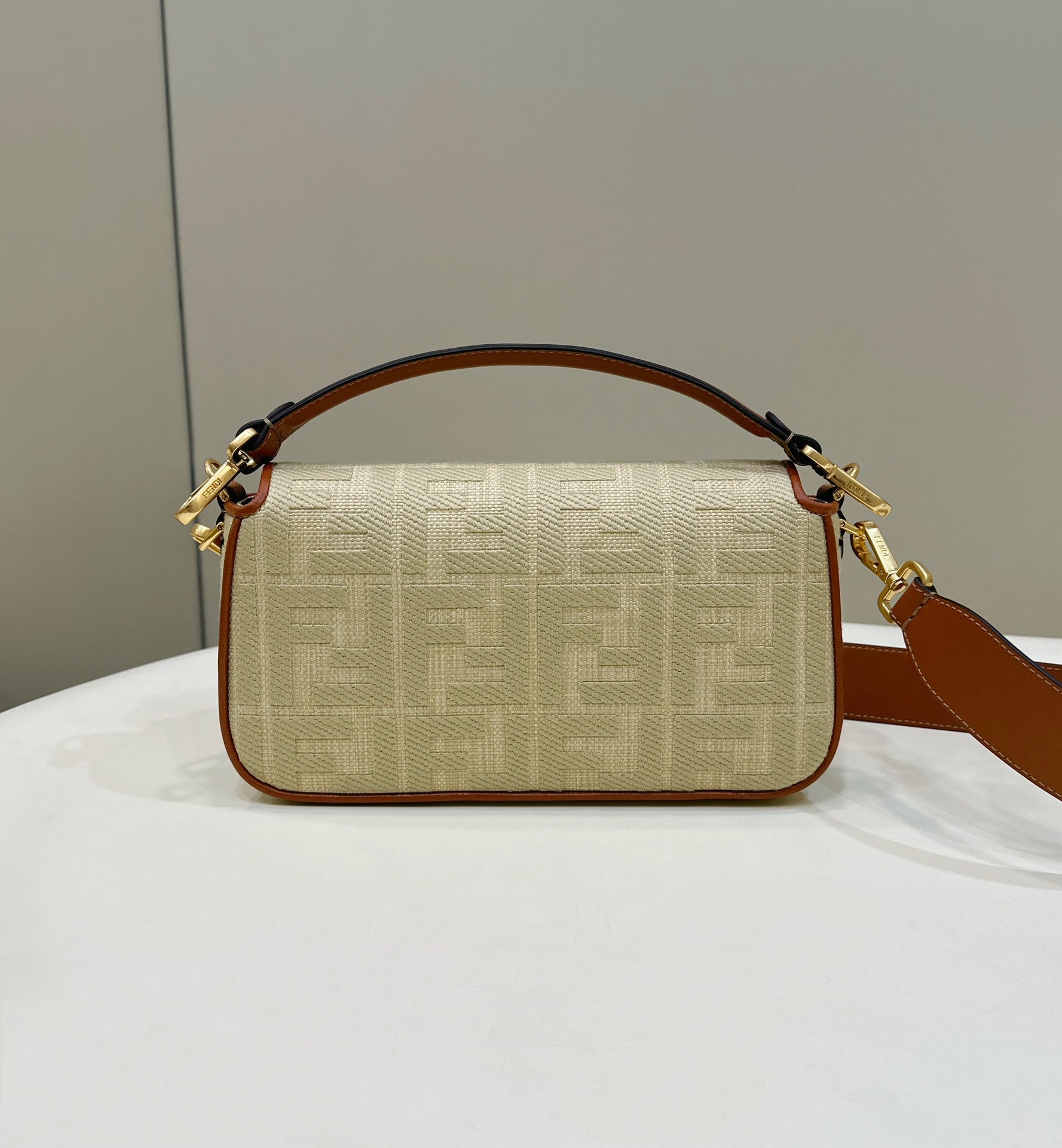FENDI Fend Baguette Tan Beige Canvas Bag 27 with FF Embroidery Ghw