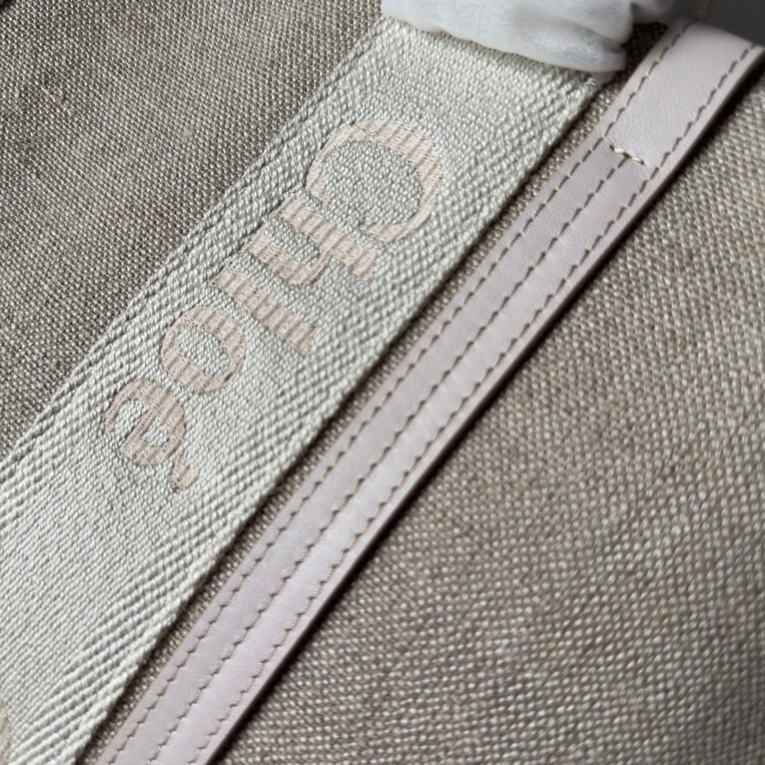 CHLOE LAGRE WOODY TOTE BAG 45 IN BEIGE LINEN CANVAS WEBBING LOGO EMBROIDER COTTON WHITE CALFSKIN