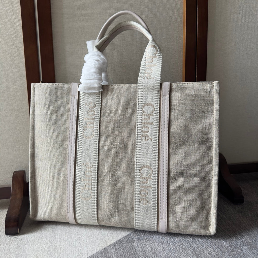 CHLOE LAGRE WOODY TOTE BAG 45 IN BEIGE LINEN CANVAS WEBBING LOGO EMBROIDER COTTON WHITE CALFSKIN