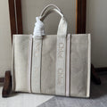 CHLOE LAGRE WOODY TOTE BAG 45 IN BEIGE LINEN CANVAS WEBBING LOGO EMBROIDER COTTON WHITE CALFSKIN