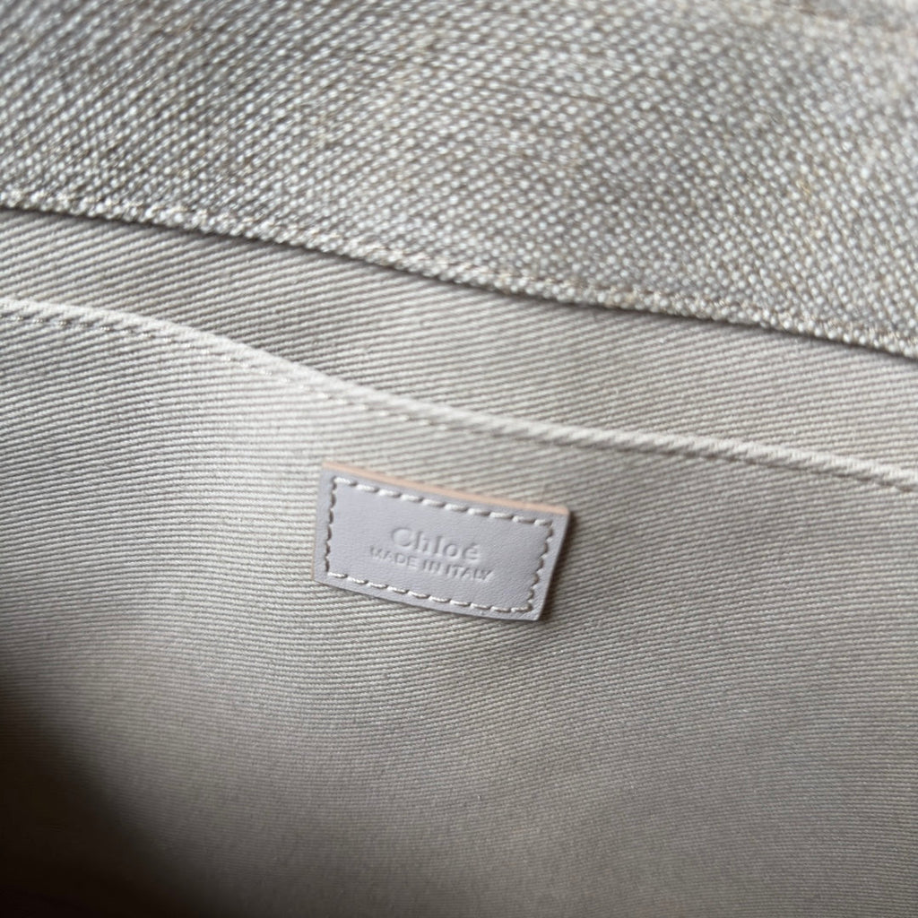 CHLOE LAGRE WOODY TOTE BAG 45 IN BEIGE LINEN CANVAS WEBBING LOGO EMBROIDER COTTON WHITE CALFSKIN