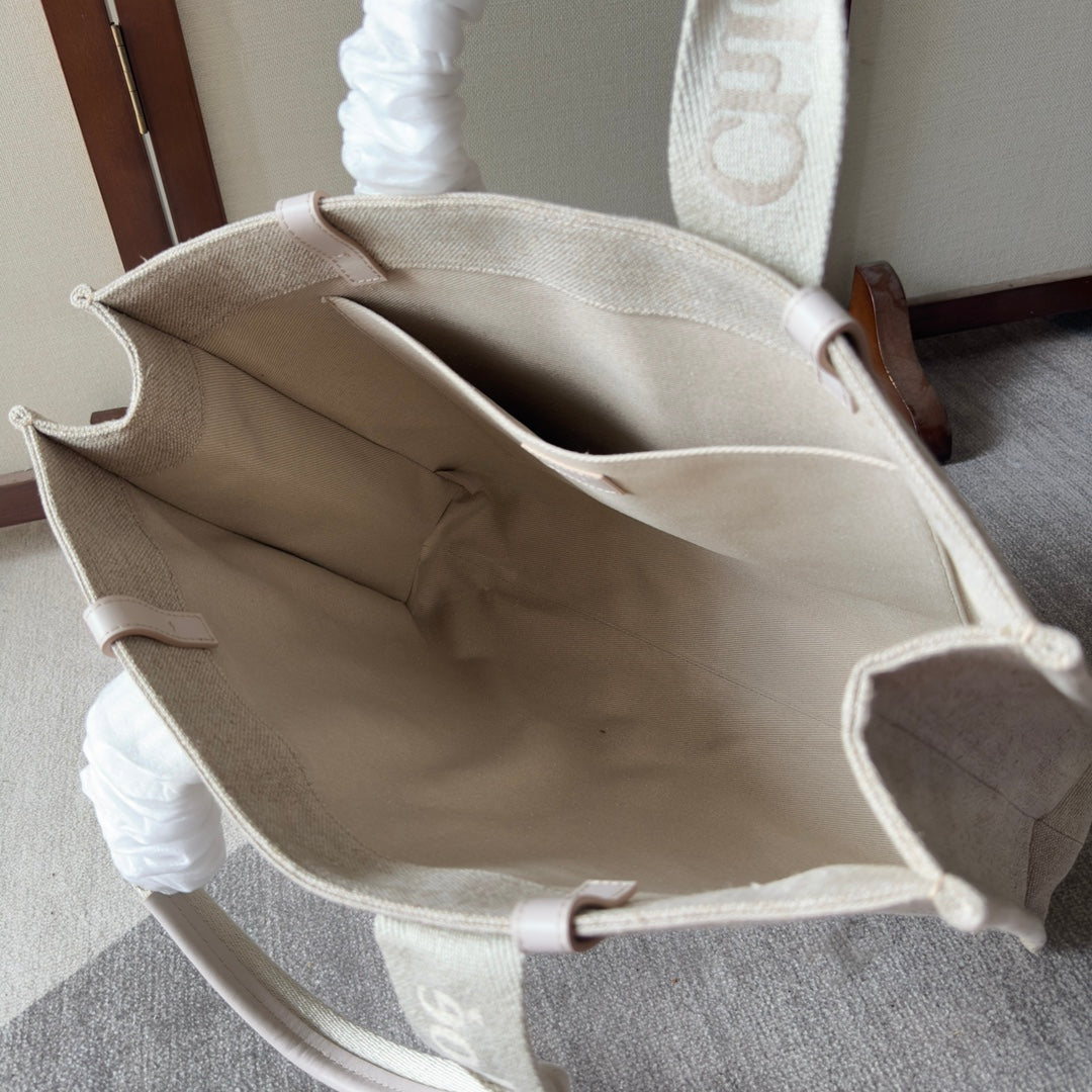 CHLOE LAGRE WOODY TOTE BAG 45 IN BEIGE LINEN CANVAS WEBBING LOGO EMBROIDER COTTON WHITE CALFSKIN