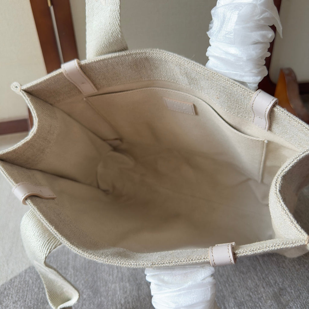 CHLOE MEDIUM WOODY TOTE BAG 37 IN BEIGE LINEN CANVAS WEBBING LOGO EMBROIDER COTTON WHITE CALFSKIN