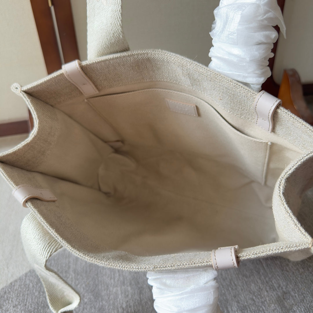 CHLOE MEDIUM WOODY TOTE BAG 37 IN BEIGE LINEN CANVAS WEBBING LOGO EMBROIDER COTTON WHITE CALFSKIN